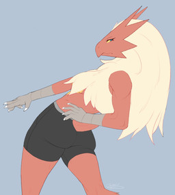 anthro athletic athletic_anthro athletic_female big_butt biped black_bottomwear black_clothing black_shorts blue_eyes bottomwear breasts butt claws clothing female finger_claws fingers grey_background grey_body hair head_turned humanoid_hands leaning leaning_backward long_hair looking_at_viewer medium_breasts non-mammal_breasts pokemorph pose rear_view red_body shorts simple_background solo spandex spandex_shorts tan_hair text thick_thighs tight_bottomwear tight_clothing tight_shorts wide_hips yellow_sclera vinael nintendo pokemon blaziken generation_3_pokemon pokemon_(species) 2024 artist_name colored digital_media_(artwork) hi_res krita_(artwork) portrait three-quarter_portrait