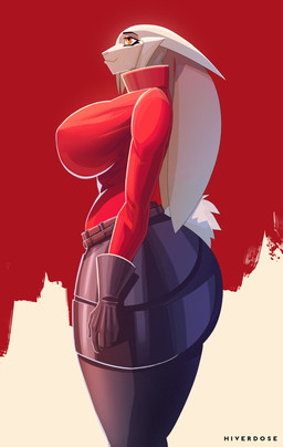 anthro big_breasts big_butt breasts butt clothing female floppy_ears fur gloves handwear lop_ears scut_tail short_tail side_view solo tail thick_thighs tight_clothing white_body white_fur hiverdose last_fables eni_siverets_(last_fables) hare lagomorph leporid mammal absurd_res hi_res