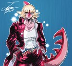 abstract_background anthro belt big_tail blonde_hair blue_background blue_eyes clothing cosplay crossover_cosplay eyelashes female hair hand_in_pocket jacket long_tail magenta_body magenta_scales multicolored_body multicolored_scales pink_body pink_scales pockets scales simple_background smile solo spiked_tail spikes spikes_(anatomy) style_emulation tail topwear two_tone_body two_tone_scales jauntyweb cavemanon_studios i_wani_hug_that_gator jojo's_bizarre_adventure jotaro_kujo mia_moretti dinosaur hadrosaurid ornithischian ornithopod parasaurolophus prehistoric_species reptile scalie 2024 crossover dated digital_drawing_(artwork) digital_media_(artwork) hi_res signature