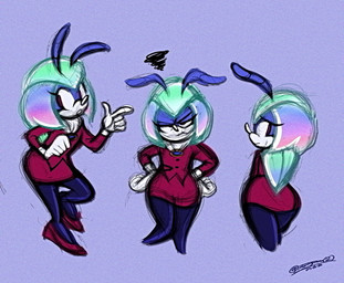 annoyed antennae_(anatomy) anthro big_butt black_clothing black_leggings black_legwear black_nose bodily_fluids bottom_heavy bottomwear brooch butt clothing collared_shirt dress_shirt emanata eyelashes female flat_chested footwear frowning_at_viewer gloves hand_on_hip handwear headgear headwear high_heels insect_wings leggings legwear long_eyelashes multiple_angles pointy_nose purple_background purple_eyes red_bottomwear red_clothing red_dress_shirt red_footwear red_high_heels red_skirt shirt shoes simple_background skirt solo sweat sweatdrop topwear white_clothing white_gloves white_handwear wings theteyoman idw_publishing sega sonic_the_hedgehog_(comics) sonic_the_hedgehog_(idw) sonic_the_hedgehog_(series) jewel_the_beetle arthropod beetle insect 2026 dated guide_lines hi_res multiple_images signature sketch
