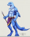 anthro blue_eyes clothed clothing digitigrade grey_background male melee_weapon muscular muscular_anthro muscular_male polearm simple_background solo spear tattoo topless tribal weapon rotarr cetacean dolphin mammal marine oceanic_dolphin toothed_whale