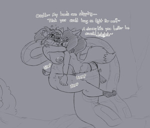 anthro apode asphyxiation belly big_belly big_breasts blush breasts choking clothing dialogue duo female fluffy fluffy_tail fur hair hypnosis legless male male/female mind_control nipples nude open_mouth overweight ringed_eyes scales serpentine sex smile sound_effects split_form spots tail text tongue outletdraws canid canine canis draconcopode hyena lamia mammal reptile scalie snake spotted_hyena wolf english_text hi_res