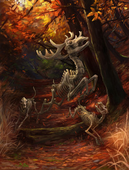 antlers autumn bone day detailed_background feral forest grass group horn jumping leaf log looking_at_another outside plant quadruped running skeleton standing tree wood kuroi-kisin animated_skeleton canid canine deer mammal moose new_world_deer undead 2017 digital_media_(artwork)