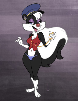 3_toes 4_fingers anthro barefoot biped blue_eyes cheek_tuft clock clothed clothed_anthro clothed_female clothing countershade_face countershade_torso countershading ear_piercing eyebrows eyelashes facial_tuft feet female female_anthro fingers fluffy fluffy_tail gloves_(marking) hat headgear headwear holding_watch leg_markings lingerie markings midriff navel navel_piercing panties paws piercing plantigrade snout socks_(marking) solo stopwatch striped_markings striped_tail stripes tail tail_markings toes topwear train_conductor tuft underwear vest watch white_body white_countershading birchly sally_skunk mammal mephitid skunk striped_skunk 2024 hi_res