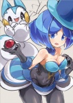 blue_eyes blue_hair breasts cleavage clothed clothing duo female hair hat headgear headwear holding_object holding_pokeball open_mouth pokeball standard_pokeball 801yamaarashi nintendo pokemon battle_chatelaine_evelyn generation_4_pokemon human mammal pachirisu pokemon_(species) rodent sciurid