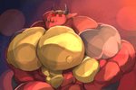 anthro big_muscles big_pecs big_penis countershading genitals horn huge_muscles huge_pecs huge_penis hyper hyper_genitalia hyper_muscles hyper_pecs hyper_penis male muscular muscular_anthro muscular_male nipples nude pecs penis red_eyes sharp_teeth solo teeth yellow_body yellow_countershading yellow_nipples panscolipede augwult demon 2021 hi_res