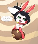 accessory anthro bell bell_collar big_head black_hair buckteeth clothing collar easter_egg eyelashes fake_ears fake_rabbit_ears female flat_chested fur gloves green_eyes hair hair_accessory hair_sticks half-closed_eyes handwear holidays legwear narrowed_eyes open_mouth outline red_clothing red_ears red_gloves red_handwear red_legwear smile solo speech_bubble tail teeth text white_body white_fur alex-cydragon easter lagomorph leporid mammal rabbit english_text hi_res