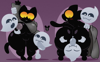 ambiguous_gender anthro areola big_breasts big_butt black_body black_eyes black_fur blush breasts butt clothing female floating_hands fur genitals gesture grey_areola grey_nipples group hand_gesture huge_breasts huge_butt looking_back nipples nude open_mouth robe shadow thick_thighs thumbs_up tongue tongue_out trio undressing undressing_another vulva wide_hips yellow_sclera luanctoons google google_doodle magic_cat_academy momo_(google) domestic_cat felid feline felis ghost mammal spirit 2025 absurd_res digital_drawing_(artwork) digital_media_(artwork) hi_res