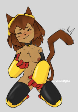 anthro areola bell bell_collar blush bodily_fluids breasts brown_body brown_fur brown_hair cat_tail collar eyes_closed feline_ears female fingering fingering_self fur grope groping_chest hair kneeling lying masturbation nipples paws self_grope solo sweat tail twitching vulva_rubbing whiskers wick3dcryptid gameoverse glitch_productions kit_bodega felid feline mammal