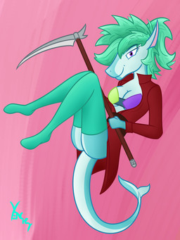 anthro bra breasts butt clothed clothing coat female footwear hair legwear levitating looking_at_viewer melee_weapon non-mammal_breasts polearm scythe simple_background smile socks solo topwear underwear weapon yenchey aniyah aquatic fish shark 3:4 digital_media_(artwork) hi_res