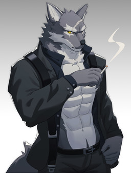 abs anthro belt bottomwear cigarette clothed clothing fur gradient_background grey_body grey_fur holding_cigarette holding_object jacket looking_at_viewer male multicolored_body multicolored_fur muscular muscular_male open_clothing open_jacket open_topwear pants pecs scar simple_background solo standing topwear two_tone_body two_tone_fur yellow_eyes uiokv arknights hypergryph studio_montagne gambino_(arknights) canid canine canis mammal wolf 2021 hi_res