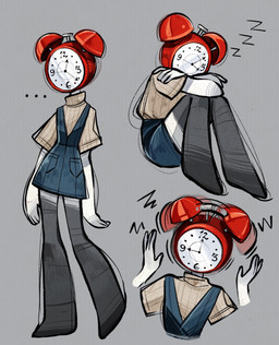 alarm_clock analog_clock clock clothed clothing ellipsis female for_a_head legwear not_furry overall_dress shirt simple_background sitting sleeping solo sound_effects standing thigh_highs topwear vowelless vowelless_sound_effect white_body white_skin zzz feefal humanoid mammal object_head digital_media_(artwork) hi_res