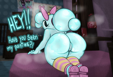 accessory all_fours anthro beverage beverage_can big_butt blue_body blue_text bodily_fluids bottomless bottomless_anthro bottomless_female bow_ribbon bubble bubble_butt butt clothed clothing dialogue female footwear genital_fluids genitals hair hair_accessory hair_bow hair_ribbon hair_tie knee_highs knee_socks legwear looking_back looking_for_clothing musk offscreen_character pattern_clothing pattern_footwear pattern_legwear pattern_socks pink_bow pink_clothing pink_footwear pink_shoes ponytail poster presenting presenting_hindquarters ribbons shoes socks soda soda_bottle solo striped_clothing striped_footwear striped_socks stripes sweat talking_to_another text topless vaginal_fluids vulva gyattatonic blushcrunch_studio dandy's_world roblox flutter_(dandy's_world) poppy_(dandy's_world) toon_(dandy's_world) 2025 absurd_res colored digital_drawing_(artwork) digital_media_(artwork) english_text hi_res wallpaper