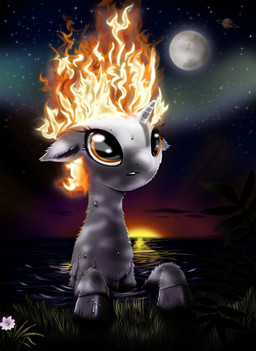 amber_eyes detailed_background dripping female fire flaming_hair grass hooves horn moon night plant pseudo_hair sky solo star starry_sky sun sunset water wet hereticofdune hasbro my_little_pony mythology equid equine mammal mythological_creature mythological_equine unicorn 2012 absurd_res hi_res