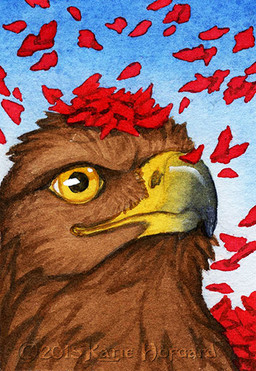 beak black_beak brown_body brown_feathers feathers feral multicolored_beak petals solo two_tone_beak yellow_beak yellow_eyes katie_hofgard accipitrid accipitriform avian bird eagle golden_eagle true_eagle 2015 headshot_portrait portrait traditional_media_(artwork)