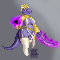 anthro big_breasts blue_body blue_scales breast_curtains breasts clothed clothing female genitals holding_melee_weapon holding_object holding_sword holding_weapon legwear looking_at_viewer magic magic_user melee_weapon mostly_nude nipples_visible_through_clothing scales skimpy solo spell standing stockings sword voluptuous_female vulva weapon wide_hips yellow_eyes neatnick microsoft the_elder_scrolls argonian scalie 1:1 hi_res