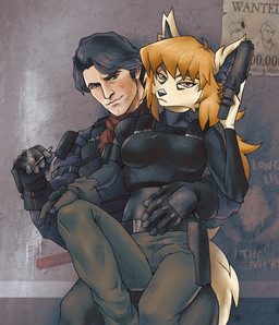 anthro bottomwear cigarette clothed clothing duo female fingers fur gloves gun hair hand_on_belly handwear holding_cigarette holding_gun holding_object holding_ranged_weapon holding_weapon interspecies male male/female pants ranged_weapon smile topwear vest wall_(structure) wanted_poster weapon lindsey_batdorf alice_(lindsey_batdorf) sam_(lindsey_batdorf) canid canine fox human mammal digital_media_(artwork) hi_res