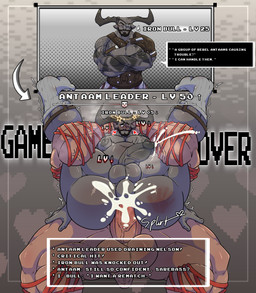 2_horns abs anal anal_penetration antaam anthro beard blush bodily_fluids boss_fight clothing confident cum cum_inside dominant dominant_male duo ejaculation erection eye_patch eyewear facial_hair footwear full_nelson game_over gameplay_mechanics garter_belt garter_belt_socks garter_straps genital_fluids genitals horn large_male leaking_cum level_difference level_number male male/male muscular muscular_bottom muscular_male overconfident penetration penile penile_penetration penis penis_in_ass small_comic socks spank_marks speech_bubble text nulldystopia iron_bull humanoid absurd_res english_text hi_res