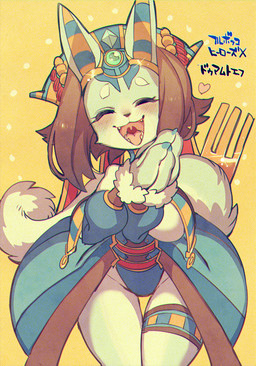 anthro claws clothing crotch_lines cute_fangs dress egyptian egyptian_clothing egyptian_headdress eyes_closed fangs female fur gold_(metal) hands_together happy jewelry legwear leotard open_mouth simple_background small_claws small_fangs smile smiling_at_viewer solo tail teeth thick_thighs thigh_gap thigh_highs white_body white_fur wide_hips rikose cyberconnect2 drecom full_bokko_heroes mammal 2015