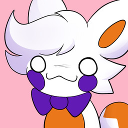 :3 after_transformation armless bangs blush blush_lines blush_stickers bow_tie empty_eyes pink_background purple_bow_tie simple_background smile solo swept_bangs rindeadsong five_nights_at_freddy's five_nights_at_freddy's_world five_nights_at_frickbear's_(series) five_nights_at_frickbear's_3 scottgames lolbit_(fnaf) lolbit_(frickbear's) canid canine fox mammal 1:1 2026 digital_media_(artwork) headshot_portrait icon portrait nonbinary_(lore)
