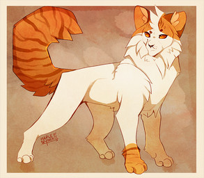 ambiguous_gender feral fur inner_ear_fluff markings orange_stripes patch_(marking) quadruped simple_background solo standing striped_markings striped_tail stripes tail tail_markings text tuft white_body white_fur maplespyder warriors_(book_series) fan_character stallionblaze domestic_cat felid feline felis mammal tabby_cat 2015 artist_name cel_shading colored digital_media_(artwork) shaded