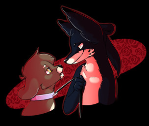 ambiguous_gender anthro bodily_fluids cheek_tuft collar collarbone dominant dominant_male drooling duo eyes_closed facial_tuft female flower fluffy_ears hair happy leash leash_pull leashed_collar long_hair male male/female plant rose_(flower) saliva short_hair smile submissive submissive_female tied_hair tuft wingedbox canid canine euplerid fossa fox hybrid mammal digital_drawing_(artwork) digital_media_(artwork) low_res shaded