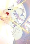 ambiguous_gender anthro biped black_sclera blue_eyes breath_powers elemental_manipulation fire fire_breathing fire_manipulation fur open_mouth simple_background solo toony white_background white_body white_fur rumine nintendo pokemon generation_5_pokemon legendary_pokemon pokemon_(species) reshiram hi_res