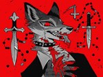 anthro blood bodily_fluids clothing collar gore knife male red_background simple_background slit_throat spiked_collar spikes suit tears tongue tongue_out wounded avoid_posting murkbone canid canine fox mammal