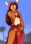 accessory anthro antlers biped bra bracelet breasts brown_body brown_fur brown_hair cleavage clothed clothing detailed_background ears_up female fingers flower flower_in_hair flower_necklace fur genitals hair hair_accessory horn jewelry palm_tree plant pussy red_eyes red_nose solo standing tree underwear white_body white_fur wide_eyed the-minuscule-task rue_(the-minuscule-task) avian bird deer gull lari larid mammal new_world_deer reindeer hi_res