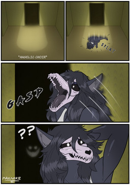 anthro black_body black_fur bottomless bottomless_anthro bottomless_female clothed clothing confusion duo female female_anthro fur gasp text maxner12 scp_foundation the_backrooms scp-1471-a cryptid malo skulldog_(species) smiler_(the_backrooms) absurd_res comic hi_res