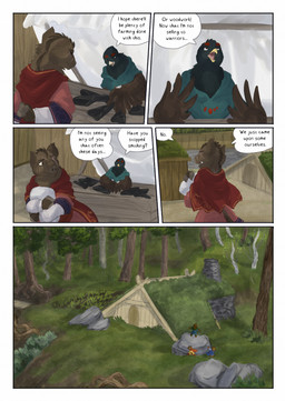 ambiguous_gender anthro beak biped black_body black_feathers brown_body brown_feathers brown_fur building clothed clothing dialogue dialogue_box feathers fur group house outside scar speech_bubble text young young_ambiguous young_anthro bjekkergauken herja_(bjekkergauken) avian bear bird brown_bear mammal suid suine sus_(pig) ursine wild_boar 2025 colored comic english_text hi_res