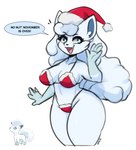 anthro bikini blue_eyes breasts christmas_bikini christmas_clothing christmas_headwear clothing dialogue eyebrows eyelashes female fur gloves_(marking) hair hat headgear headwear holidays looking_at_viewer markings open_mouth open_smile santa_hat simple_background smile solo swimwear two-piece_swimsuit white_background white_body white_fur white_hair i_am_kat95 christmas nintendo no_nut_november pokemon alolan_form alolan_vulpix generation_7_pokemon pokemon_(species) regional_form_(pokemon) 2023 hi_res meme