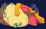 ambiguous_gender ambiguous_prey anthro belly big_belly clothing hand_on_belly hat headgear headwear lying male male_pred on_side relaxing rumbling_stomach sleeping solo sound_effects squirming text vore vowelless vowelless_sound_effect zzz wildside anatid anseriform avian bird duck 2024 english_text