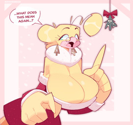 5_fingers anthro asking beak big_breasts big_hands breasts christmas_clothing cleavage clothed clothed_anthro clothed_female clothing dialogue ear_piercing eyelashes eyewear feathers female female_anthro fingers front_view gesture glasses hand_gesture holidays huge_breasts mistletoe non-mammal_breasts open_mouth piercing plant pointing red_clothing round_glasses solo speech_bubble text wearing_glasses yellow_body yellow_feathers doodledox christmas dee_(doodledox) avian bird 2023 artist_name digital_drawing_(artwork) digital_media_(artwork) english_text portrait