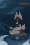 anthro black_clothing black_hair black_topwear bottomwear clothing cloud eye_bags featureless_feet feet female fishing fishing_rod fluffy fluffy_tail fur hair holding_object kemono night number one_eye_obstructed pointy_ears prick_ears red_bottomwear red_clothing red_eyes rock shore short_hair sitting smile solo tail time topwear white_body white_ears white_fur white_tail hasukii unknown_species character_request hi_res