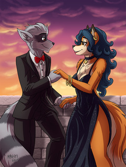 anthro arms_bent bent_leg black_tie_(suit) bow_(feature) bow_tie bracelet breasts brown_eyes chest_tuft cleavage clothed clothing collar detailed_background dress duo ear_piercing evening_gown female fluffy fluffy_tail fur gown grey_body grey_fur half-closed_eyes hand_holding inner_ear_fluff jewelry male male/female markings mole_(marking) multicolored_body multicolored_fur narrowed_eyes orange_body orange_fur outside piercing romantic romantic_ambiance romantic_couple smile straight_leg suit sunset tail tuft two_tone_body two_tone_fur heresy_(artist) sly_cooper_(series) sony_corporation sony_interactive_entertainment sucker_punch_productions carmelita_fox sly_cooper canid canine fox mammal procyonid raccoon 2017 3:4 digital_media_(artwork) hi_res shaded