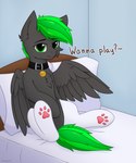 bed bedroom_eyes cheek_tuft chest_tuft clothing collar collar_tag dialogue ear_tuft facial_tuft feral footwear furniture looking_at_viewer male narrowed_eyes paw_socks pillow seductive socks solo spread_legs spread_wings spreading tuft white_clothing white_footwear white_socks wings keupoz friendship_is_magic hasbro my_little_pony mythology bytewave equid equine horse mammal mythological_creature mythological_equine pegasus pony 5:6 absurd_res hi_res