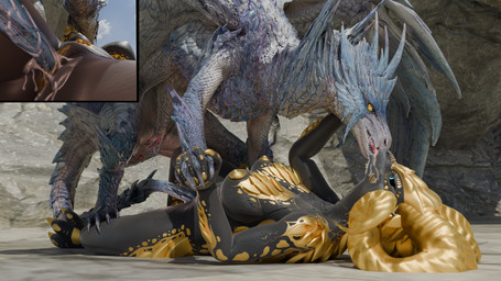 anthro anthro_on_feral anus bestiality bodily_fluids breasts drooling duo eye_contact female female/female female_anthro female_feral feral foot_on_leg french_kissing genital_fluids genitals hand_holding kissing looking_at_another looking_pleasured nipples nude nude_anthro nude_female penetration saliva sex spread_legs spreading tail tail_fetish tail_play tail_sex vaginal vaginal_fluids vaginal_penetration vulva void_dragon216 furromantic_(modeler) capcom monster_hunter mythology kulve_(furromantic) dragon elder_dragon kulve_taroth mythological_creature mythological_scalie scalie velkhana 16:9 3d_(artwork) blender_(artwork) digital_media_(artwork) hi_res widescreen