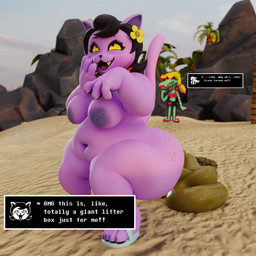 accessory anthro areola beach big_breasts big_butt black_bottomwear black_clothing black_hair black_pawpads black_shorts blonde_hair bottomwear breasts butt clothing crop_top crouching duo ellipsis enjoying_feces enjoying_the_go eye_roll feces feces_on_ground feces_pile female female_pooping flower flower_in_hair footwear footwear_only fur green_body green_scales hair hair_accessory huge_butt lipstick makeup mostly_nude mostly_nude_anthro mostly_nude_female navel nipples obese obese_anthro obese_female open_mouth open_smile outside overweight overweight_anthro overweight_female pawpads pink_clothing pink_crop_top pink_lipstick pink_sclera pink_shirt pink_topwear plant pooping pooping_on_floor public_pooping purple_body purple_fur raised_tail rock sand sandals sandals_only scales scatplay sharp_teeth shirt shoes shorts smile sprite tail teeth text text_box thick_thighs topwear tree yellow_sclera streetsign01 twilightv0ids_(modeler) undertale_(series) bratty_(undertale) catty_cattenheimer alligator alligatorid crocodilian reptile scalie 1:1 3d_(artwork) blender_(artwork) digital_media_(artwork) english_text hi_res