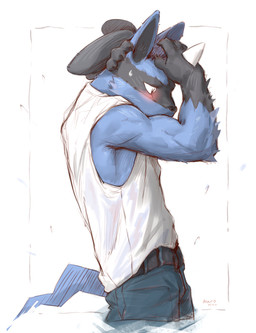 4_fingers anthro athletic athletic_anthro athletic_male belt biped black_body black_claws black_fur black_inner_ear blue_body blue_bottomwear blue_clothing blue_fur blush bottomwear claws clothed clothed_anthro clothed_male clothing finger_claws fingers flustered fully_clothed fully_clothed_anthro fully_clothed_male fur hand_behind_own_head hand_on_head hand_on_own_head hand_spike looking_away looking_down male monotone_bottomwear monotone_clothing monotone_shirt monotone_topwear multicolored_body multicolored_fur pants pose shirt side_view simple_background sleeveless_shirt snout solo spikes spikes_(anatomy) tail tan_background text topwear two_tone_body two_tone_fur white_clothing white_sclera white_shirt white_sleeveless_shirt white_topwear kuromonsart nintendo pokemon generation_4_pokemon lucario pokemon_(species) 2025 absurd_res artist_name colored dated digital_drawing_(artwork) digital_media_(artwork) english_text half-length_portrait hi_res portrait