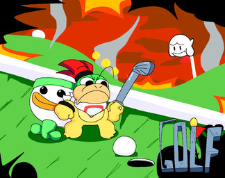 3_toes ambiguous_gender angry anthro black_bracelet black_hair_tie bracelet closed_frown coin dot_eyes duo featureless_crotch feet fist frown furrowed_brow furrowed_eyebrows golf_ball golf_course grass hair holding_golf_club hole_(pit) jewelry kerchief koopa_clown_car lava legless looking_at_another male male_anthro mouth_closed multicolored_body neckerchief neckwear noseless outside plant ponytail red_hair simple_eyes smoke standing tail tan_body text thin_eyebrows toes white_body white_kerchief white_neckerchief white_tail yellow_body young young_male gboogie32 mario_bros nintendo pizza_tower bowser_jr. boo_(mario) koopa scalie 2023 cel_shading colored crossover digital_drawing_(artwork) digital_media_(artwork) english_description english_text shaded