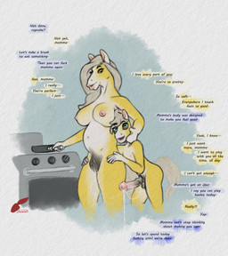 adolescent adult_on_adolescent after_sex after_vaginal age_difference animal_genitalia animal_penis anthro appliance areola belly big_penis bodily_fluids bottomwear bottomwear_down breasts clothing cooking cum cum_from_vagina cum_in_vagina cum_inside cum_on_penis dialogue duo ejaculation equine_genitalia equine_penis erection female fingers fur genital_fluids genitals hair holding_object holding_pan inbreeding kitchen_utensils leaking_cum leaking_precum male male/female navel nipple_outline nipples nude older_female penis precum pregnant pregnant_anthro pregnant_female small_but_hung smile speech_bubble standing stove tail text tools vulva young young_anthro young_male younger_male redleveret caleb_(redleveret) diana_(redleveret) equid equine horse mammal absurd_res digital_media_(artwork) english_text hi_res incest_(lore) mother_(lore) mother_and_child_(lore) mother_and_son_(lore) parent_(lore) parent_and_child_(lore) parent_and_son_(lore) son_(lore)