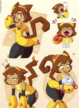 anthro big_breasts breasts brown_body brown_hair butt clothing duo emanata eyebrows eyelashes eyes_closed eyewear eyewear_on_head fangs female goggles goggles_on_head hair heart_symbol leaning leaning_forward machine male open_mouth open_smile red_eyes smile teeth text whiskers yawn yellow_clothing yellow_sclera jasminthemanticore cat_pointing_and_laughing gameoverse glitch_productions kaboodle_(gameoverse) kit_bodega domestic_cat felid feline felis mammal robot 2026 absurd_res artist_name hi_res