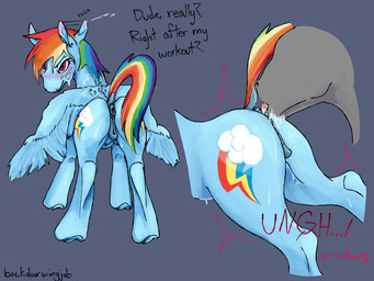 after_exercise ambiguous_gender anal bodily_fluids duo faceless_character faceless_feral female female/ambiguous feral oral rimming sex solo standing sweat teats backdoorwingjob friendship_is_magic hasbro my_little_pony rainbow_dash_(mlp) equid equine horse mammal pony hi_res