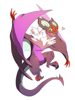 ambiguous_gender anthro bat_nose black_body blue_markings claws fangs featureless_chest featureless_crotch heart_symbol long_tail looking_at_viewer markings membrane_(anatomy) membranous_wings neck_tuft open_mouth purple_body semi-anthro simple_background solo spiked_tail spikes spikes_(anatomy) tail tapering_tail teeth tuft white_background wing_claws wings yellow_eyes siestingtime nintendo pokemon generation_6_pokemon noivern pokemon_(species) 3:4 digital_drawing_(artwork) digital_media_(artwork) hi_res shaded signature
