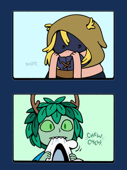 ambiguous_gender antlers bite blonde_hair chewing clothed clothing duo eating_clothing green_body green_eyes green_skin hair hat headgear headwear hood horn leaf leaf_hair mask not_furry plant plant_hair pseudo_hair sniffing sniffing_clothes toony topwear discount-supervillain adventure_time cartoon_network finn_the_human huntress_wizard elemental_creature elemental_humanoid flora_fauna human humanoid mammal plant_humanoid 3:4 alpha_channel digital_media_(artwork)