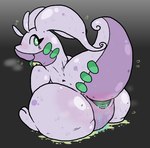 animal_genitalia bodily_fluids breath cloaca cloaca_juice female feral genital_fluids genitals green_cloaca green_tongue horizontal_cloaca looking_back purple_body simple_background slime solo steam sweat tongue tongue_out bahamutgreen nintendo pokemon generation_6_pokemon goodra pokemon_(species)