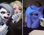 anthro black_clothing black_suit blue_hair clothing container cup female feral gesture glass glass_container glass_cup grey_hair group hair hand_gesture horn makeup open_mouth pointing pointing_at_another purple_body red_eyes suit trio white_body wings villjulie friendship_is_magic game_boy game_boy_family harry_potter_(series) hasbro helluva_boss my_little_pony mythology nintendo loona_(helluva_boss) luna_lovegood princess_luna_(mlp) canid canid_demon canine demon equid equine hellhound human mammal mythological_canine mythological_creature mythological_equine winged_unicorn 2024 5:4 crossover hi_res