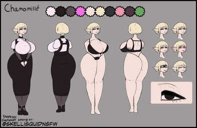 big_breasts big_butt black_border blush border breasts butt button_(fastener) clothing disability expressions eyewear female glasses larger_female librarian lingerie office_clothing size_difference solo straining_buttons straining_clothing tall text thick_thighs wide_hips skellisquid chamomille_(skellisquid) demon elf humanoid absurd_res english_text expression_sheet hi_res model_sheet