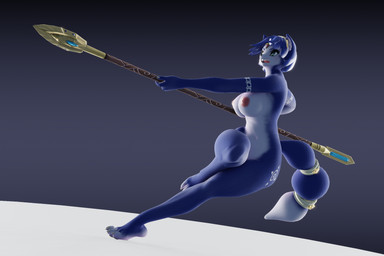 action_pose angry anthro blue_body blue_ears blue_fur blue_hair blue_tail breasts crossed_legs crown curved_tail fangs feet female fur hair headgear headpiece holding_object holding_weapon markings melee_weapon navel nipples nude open_mouth paws plantigrade polearm pose simple_background snarling solo spear tail tail_markings teeth toes weapon white_body white_breasts white_fur white_tail fever-dreamer dogzeela_(modeler) nintendo star_fox krystal_(star_fox) canid canine fox mammal 3:2 3d_(artwork) digital_media_(artwork) hi_res